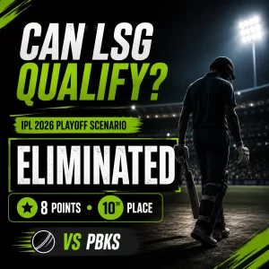 LSG qualification scenario IPL 2026 playoffs graphic showing Lucknow Super Giants eliminated with 8 points, 10th place, and final match vs PBKS.
