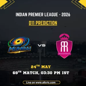 MI vs RR Dream11 prediction today match IPL 2026 poster featuring Mumbai Indians vs Rajasthan Royals, D11 prediction, 69th match on May 24 at 3:30 PM IST.