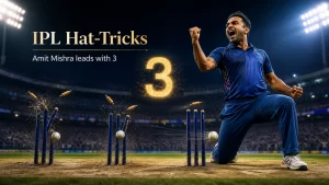 Most hat tricks in IPL history graphic showing Amit Mishra as the record holder with 3 IPL hat-tricks, featuring a bowler celebrating with broken stumps in a stadium.