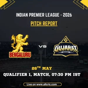 RCB vs GT pitch report today IPL 2026 Qualifier 1 poster featuring Royal Challengers Bengaluru vs Gujarat Titans at HPCA Stadium Dharamsala on May 26 at 7:30 PM IST.