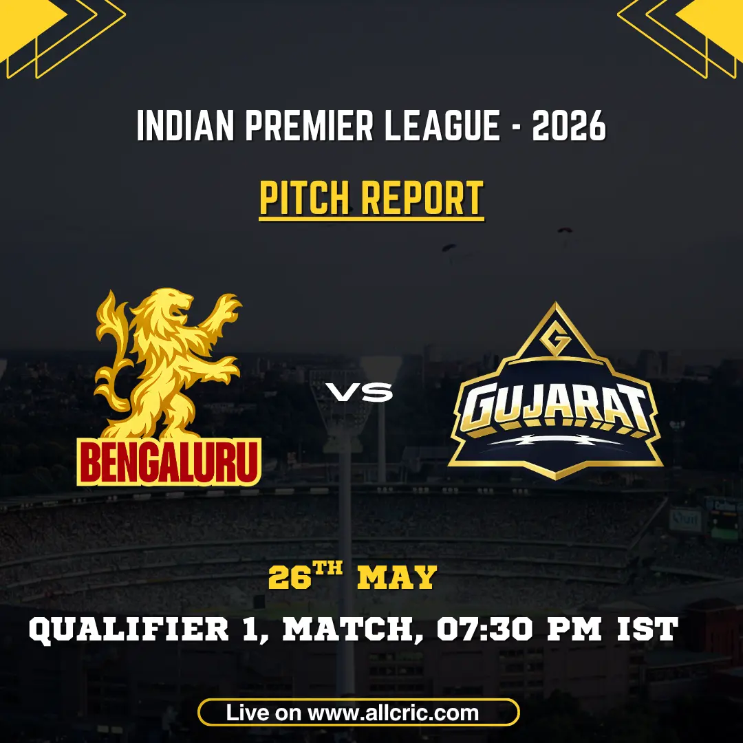 RCB vs GT pitch report today IPL 2026 Qualifier 1 poster featuring Royal Challengers Bengaluru vs Gujarat Titans at HPCA Stadium Dharamsala on May 26 at 7:30 PM IST.