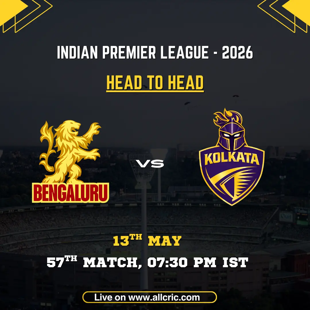 RCB vs KKR head to head today IPL 2026 graphic featuring Royal Challengers Bengaluru vs Kolkata Knight Riders with head to head record details for Match 57 on May 13 at 7:30 PM IST.