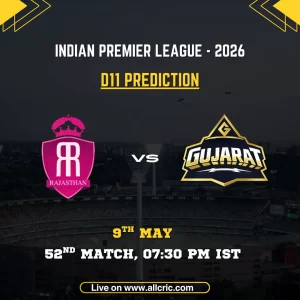 RR vs GT Dream11 prediction today match IPL 2026 poster featuring Rajasthan Royals vs Gujarat Titans, D11 prediction, 52nd match on 9th May at 7:30 PM IST with team logos and match details.