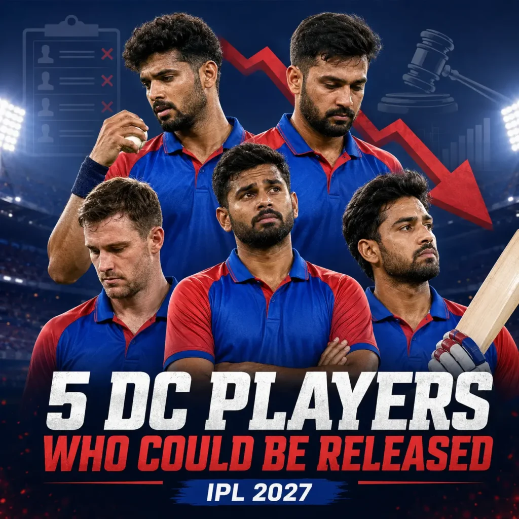 Delhi Capitals players T. Natarajan, Mukesh Kumar, Auqib Nabi, Dushmantha Chameera, and Prithvi Shaw featured as five DC players who could be released before IPL 2027 based on their IPL 2026 performances.