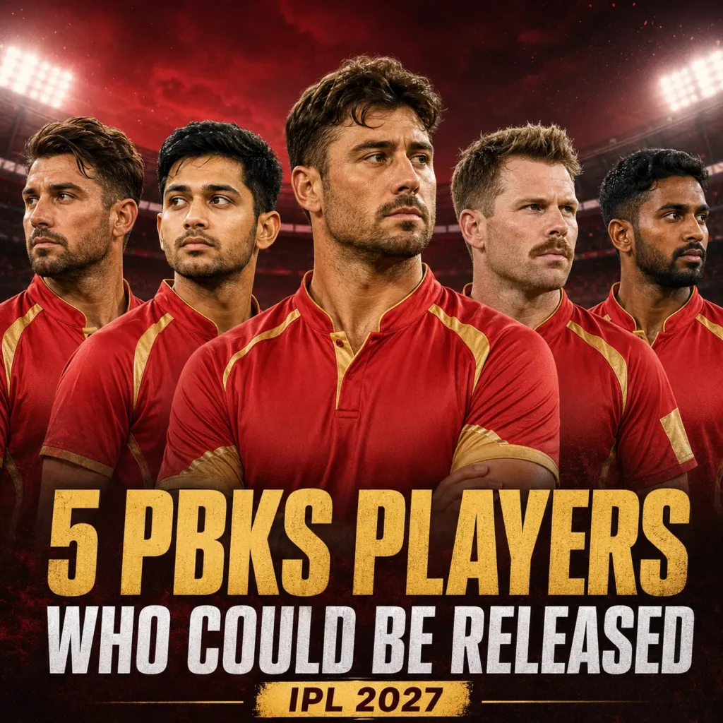 Punjab Kings players Marcus Stoinis, Nehal Wadhera, Lockie Ferguson, Ben Dwarshuis, and Vishnu Vinod featured as five PBKS players who could be released before IPL 2027 based on their IPL 2026 performances.