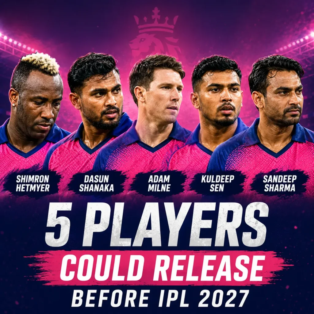 Rajasthan Royals players Shimron Hetmyer, Dasun Shanaka, Adam Milne, Kuldeep Sen, and Sandeep Sharma featured as five RR players who could be released before IPL 2027 based on their IPL 2026 performances.