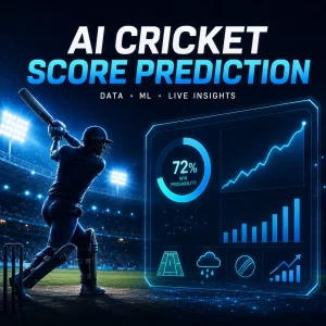 AI cricket score prediction dashboard displaying live win probability, score forecasting, machine learning analytics, pitch conditions, weather insights, and predictive graphs for real-time cricket match analysis.