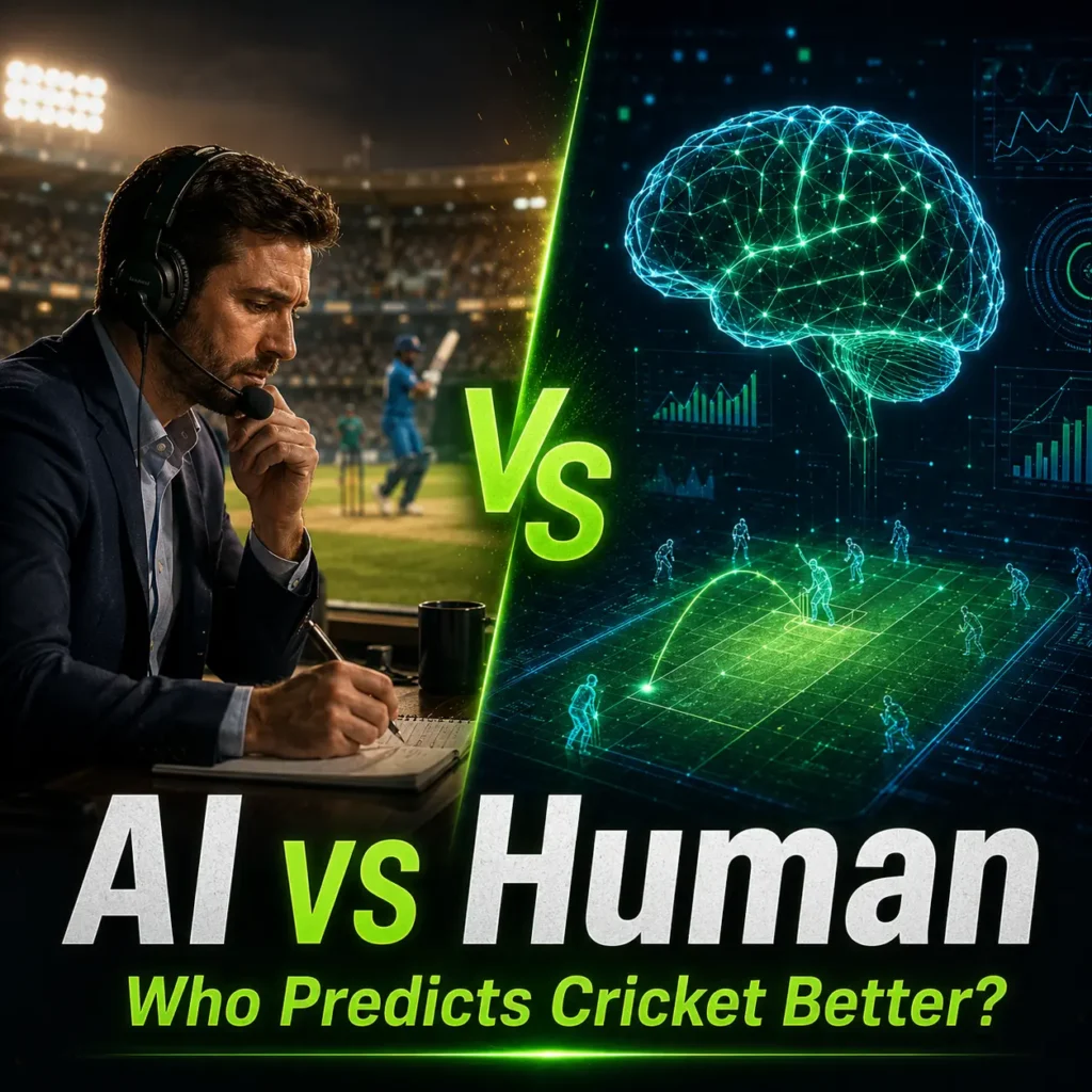 AI vs Human cricket prediction comparison graphic showing a cricket analyst opposite an AI neural network dashboard, illustrating how the best cricket prediction AI and cricket predictions with AI use machine learning and data analytics to outperform traditional expert analysis.