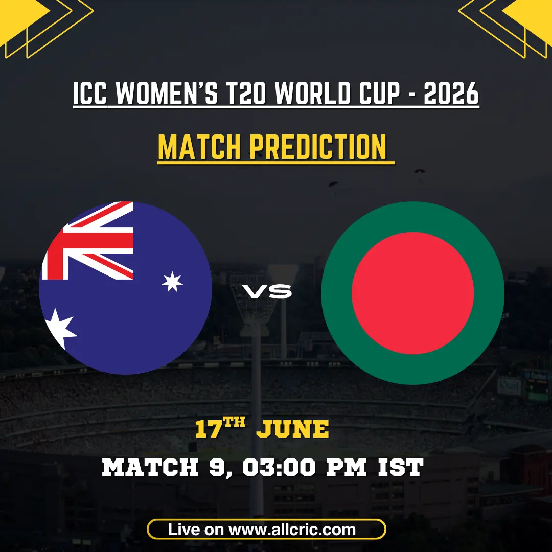AUS-W vs BAN-W today match prediction graphic for ICC Women’s T20 World Cup 2026 Match 9 at Headingley, Leeds. Features Australia Women and Bangladesh Women flags, match date and time, with expert AUS-W vs BAN-W match prediction, key player insights including Georgia Voll, Beth Mooney, Nigar Sultana, and Marufa Akter, plus AUS-W vs BAN-W win prediction analysis.