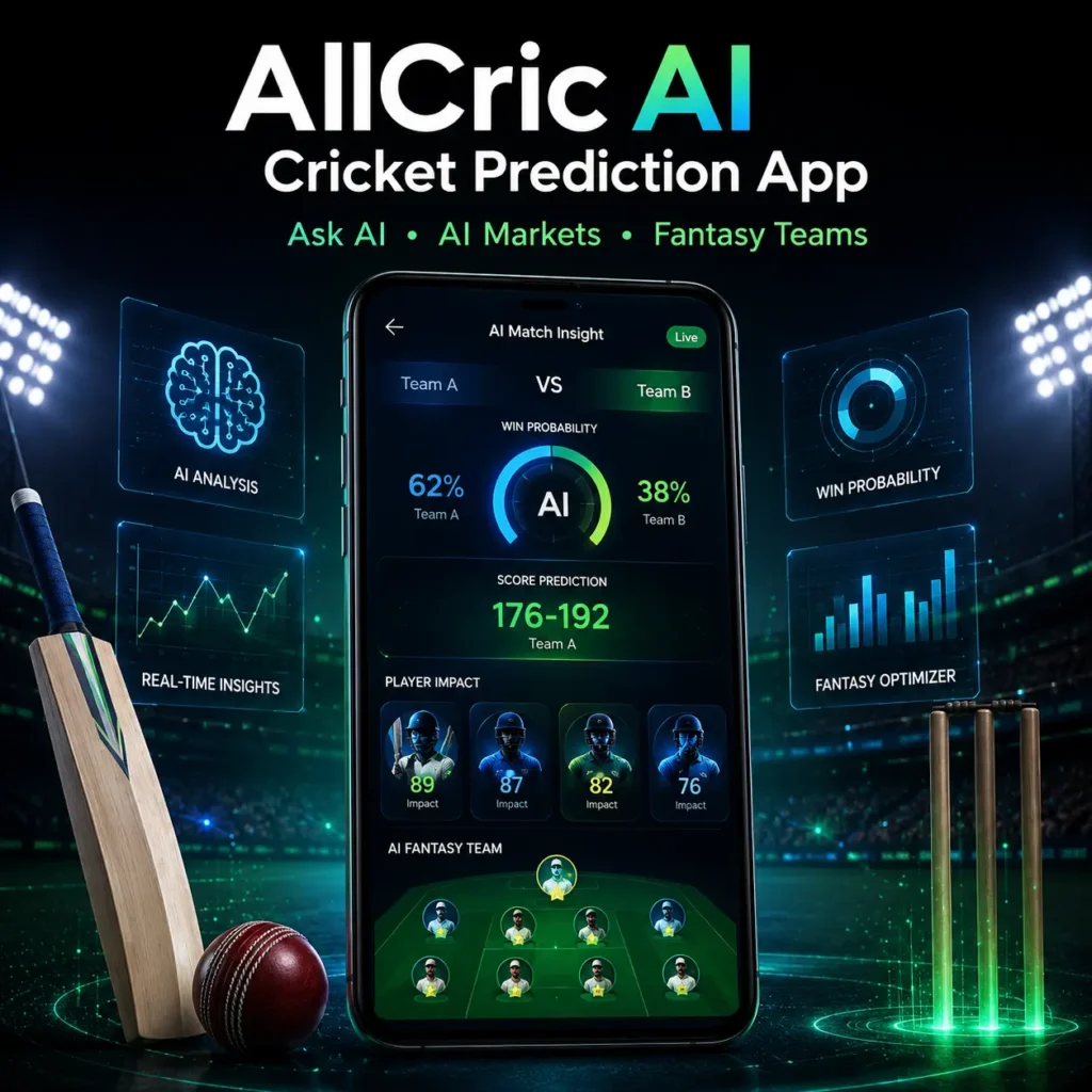 AllCric AI Cricket Prediction App interface showcasing AI match insights, live win probability, score prediction, AI fantasy team builder, player impact analysis, AI Markets, and real-time cricket analytics for fantasy cricket.