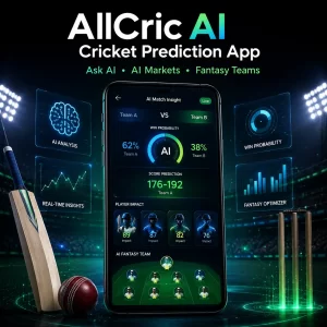 AllCric AI Cricket Prediction App interface showcasing AI match insights, live win probability, score prediction, AI fantasy team builder, player impact analysis, AI Markets, and real-time cricket analytics for fantasy cricket.