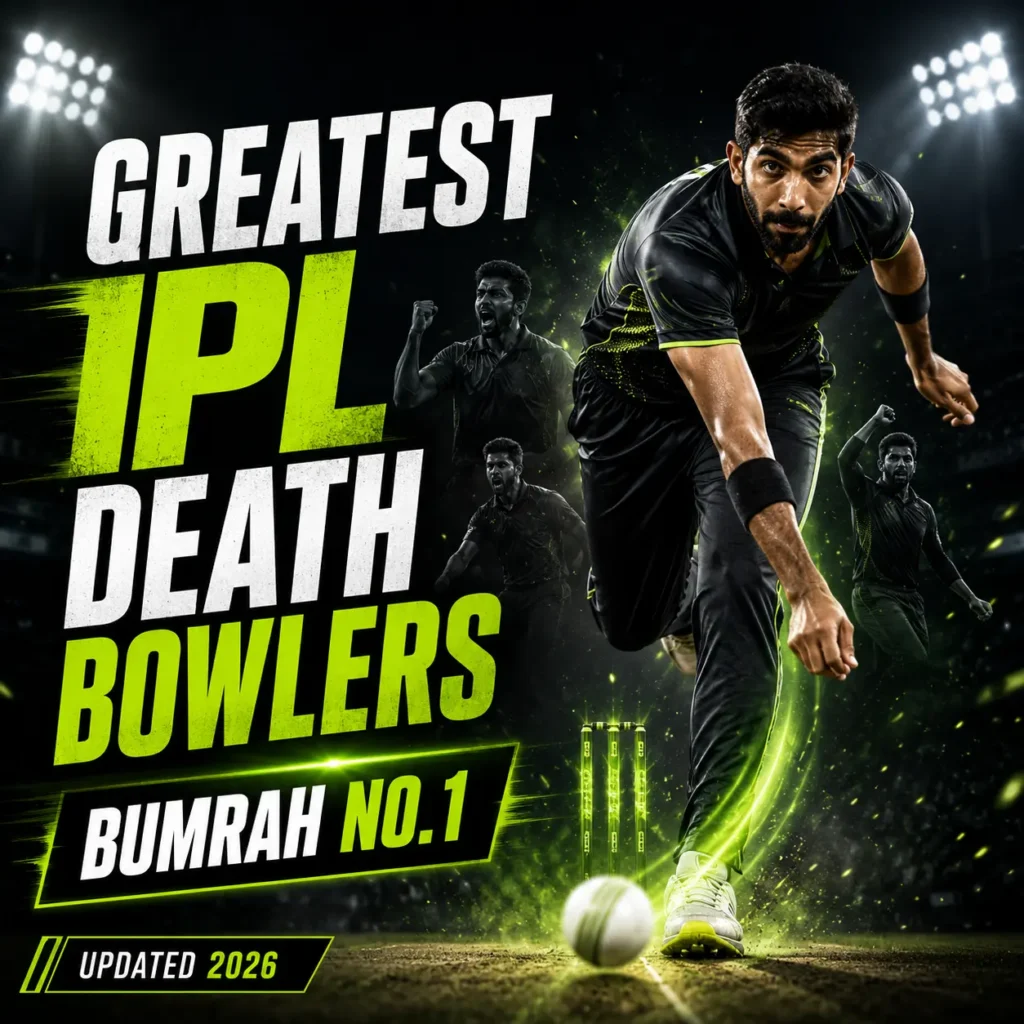 Jasprit Bumrah ranked No. 1 among the greatest IPL death bowlers in history. The graphic showcases Bumrah in a bowling action under stadium lights, highlighting his elite yorkers, death-over control, and status as the most complete IPL death-over specialist.
