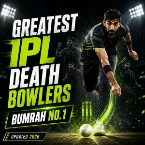 Jasprit Bumrah ranked No. 1 among the greatest IPL death bowlers in history. The graphic showcases Bumrah in a bowling action under stadium lights, highlighting his elite yorkers, death-over control, and status as the most complete IPL death-over specialist.