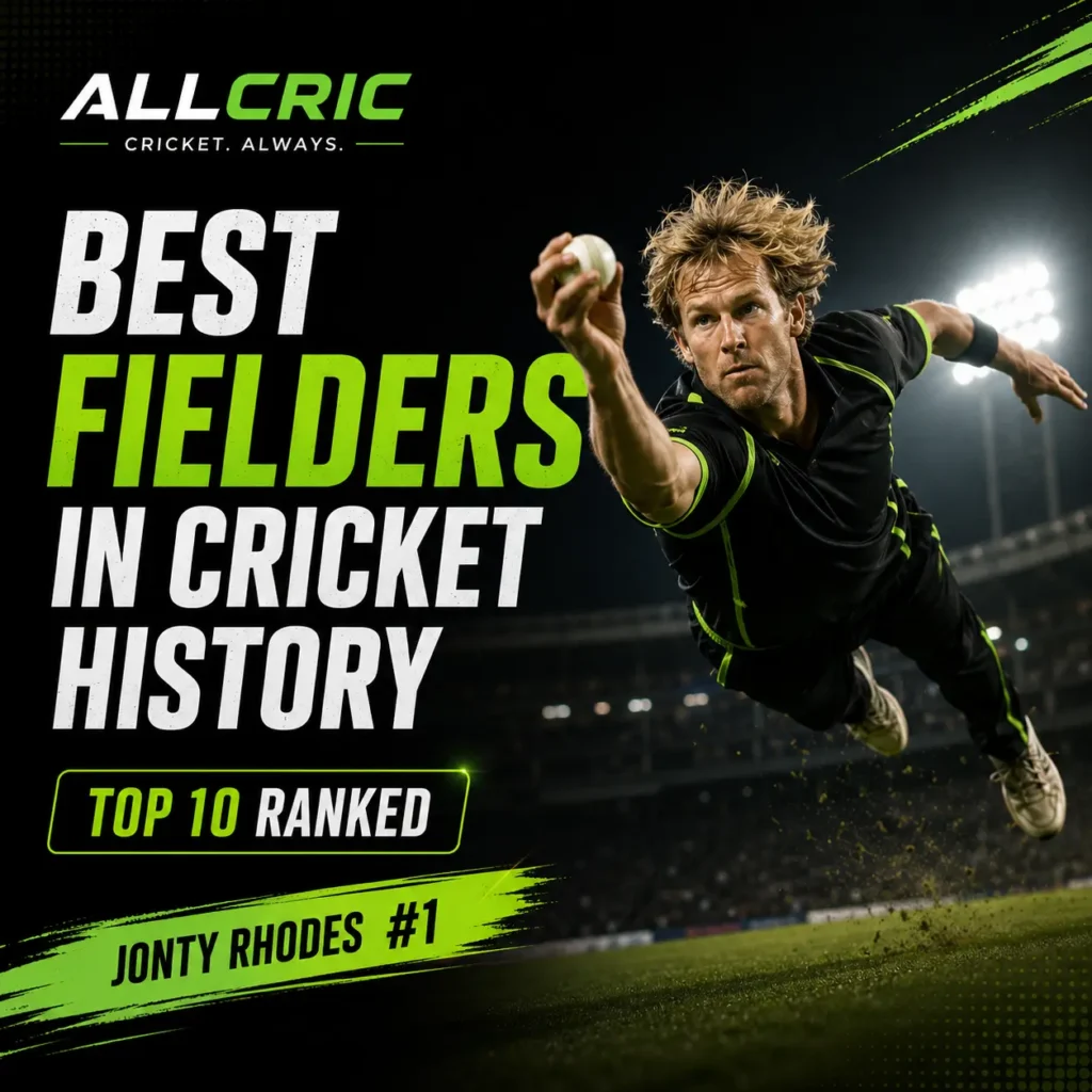 Top 10 best fielders in cricket history ranked, featuring Jonty Rhodes at No.1. The image showcases an athletic cricket fielder diving to complete a spectacular catch, highlighting legendary fielding skills, reflexes, run-outs, catching ability, and game-changing moments that transformed cricket fielding standards.