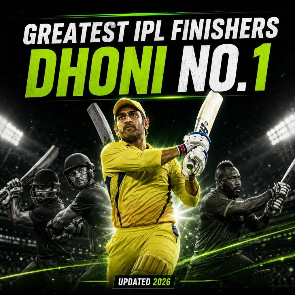 MS Dhoni featured as the No. 1 greatest IPL finisher of all time in a cricket stadium graphic. The image highlights Dhoni in Chennai Super Kings colors alongside legendary finishers, emphasizing his unmatched finishing ability, match-winning chases, and legacy as the best finisher in IPL history.