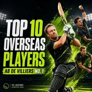 AB de Villiers ranked No. 1 among the greatest overseas players in IPL history. The graphic features the South African legend batting, bowling, and fielding under stadium lights, highlighting his all-round impact, 5,162 IPL runs, and status as the most complete overseas IPL player.