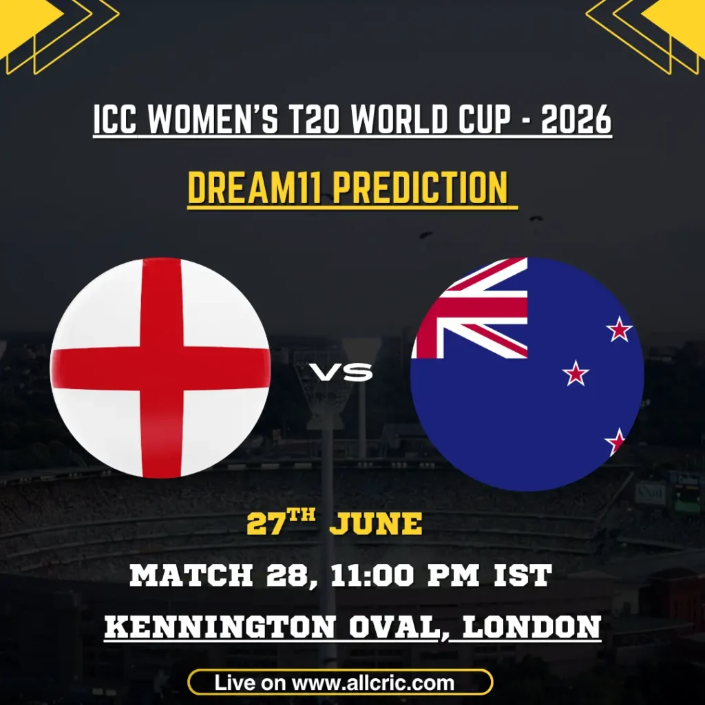 England Women vs New Zealand Women Dream11 prediction graphic for ICC Women’s T20 World Cup 2026 at Kennington Oval, London, featuring key players Danni Wyatt-Hodge, Sophie Devine, and Amelia Kerr with pitch report, toss prediction, fantasy tips, and ENG-W vs NZ-W today match prediction insights.