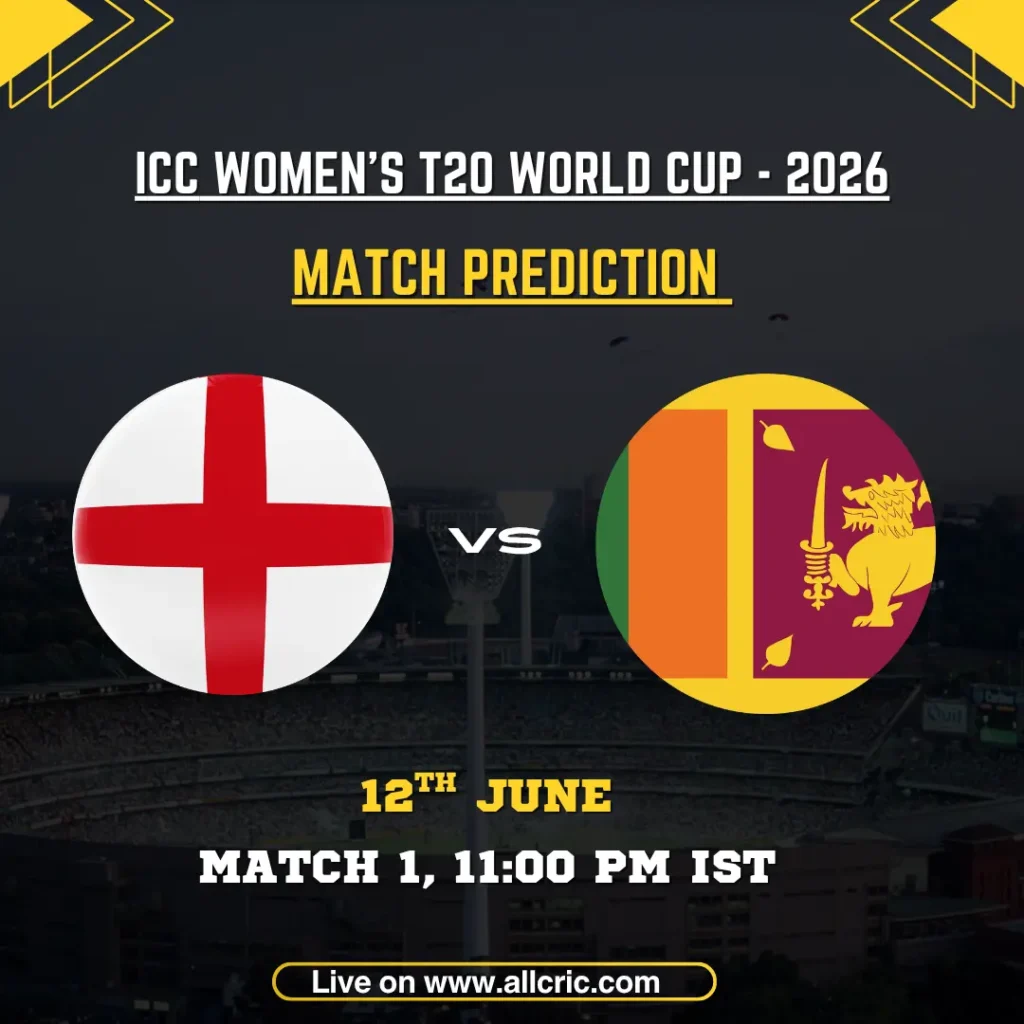 ICC Women’s T20 World Cup 2026 Match 1 prediction graphic featuring England Women (ENG-W) vs Sri Lanka Women (SL-W) at Edgbaston, Birmingham. The image shows both national flags, match date, and tournament branding for the ENG-W vs SL-W today match prediction, highlighting England as favorites in the World Cup opener.