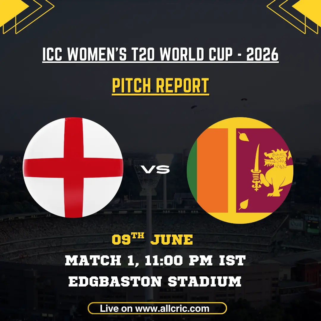 ENG-W vs SL-W pitch report graphic for the ICC Women’s T20 World Cup 2026 opener at Edgbaston Stadium, Birmingham. The image features England Women and Sri Lanka Women flags, match details, and venue information, highlighting the ENG-W vs SL-W pitch report today with insights into batting and bowling conditions at Edgbaston.