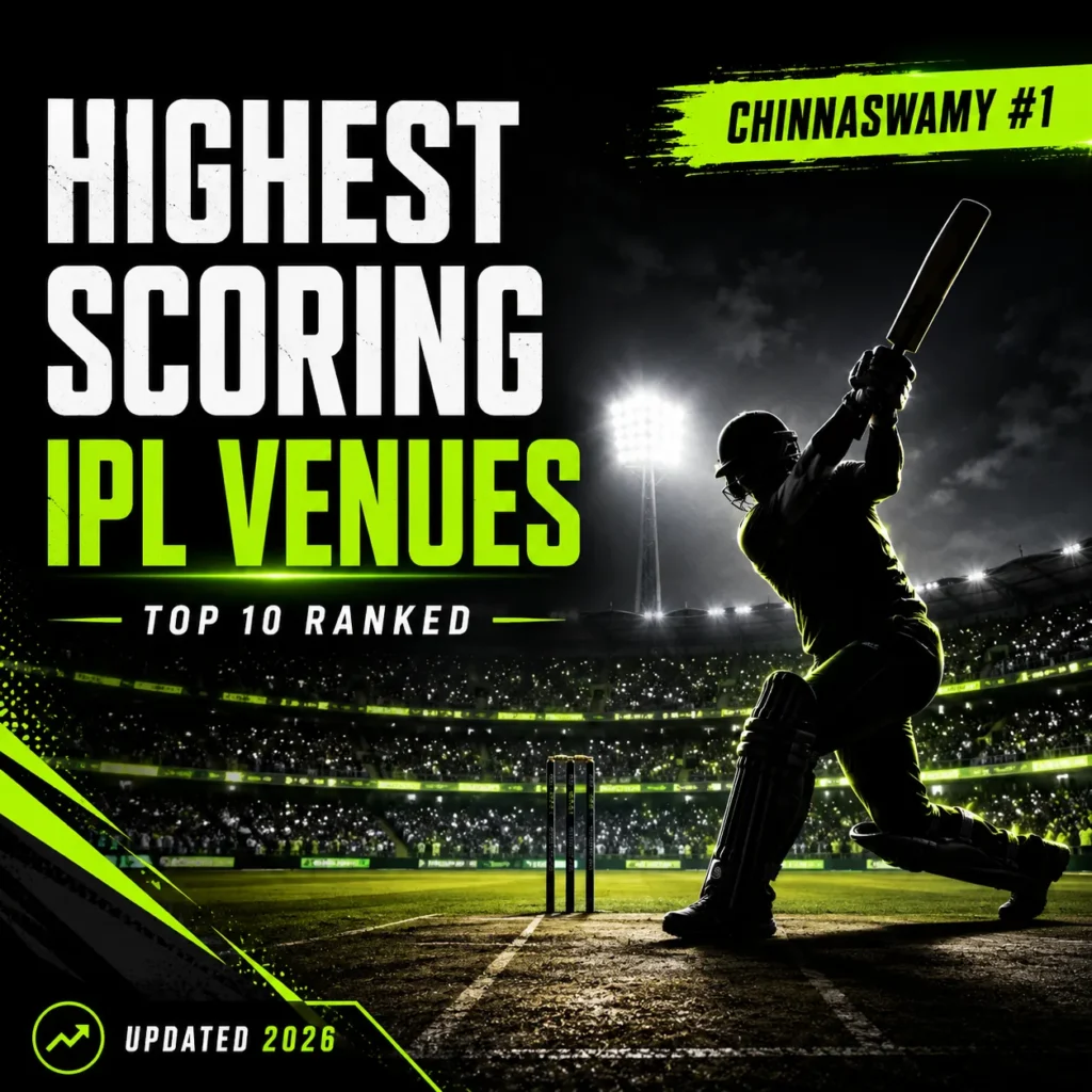 Highest scoring IPL venues ranked in 2026 featuring M. Chinnaswamy Stadium as the No.1 batting-friendly ground. The image highlights the top 10 highest-scoring IPL stadiums based on average scores, 200+ totals, highest team scores, boundary dimensions, and batting conditions across IPL history.