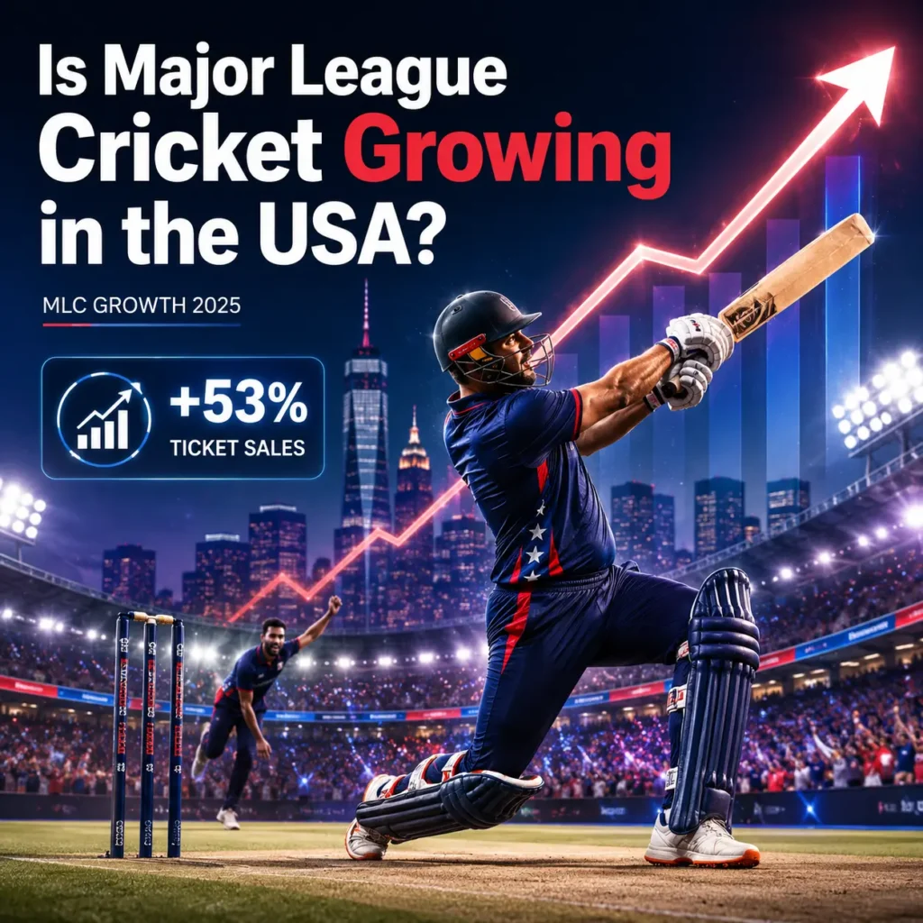 Infographic analyzing Major League Cricket growth in the USA in 2025, featuring a batter in USA colors with a rising chart and highlighting a 53% increase in ticket sales. The graphic explores whether MLC is expanding cricket’s popularity in America through attendance, infrastructure, and global exposure.