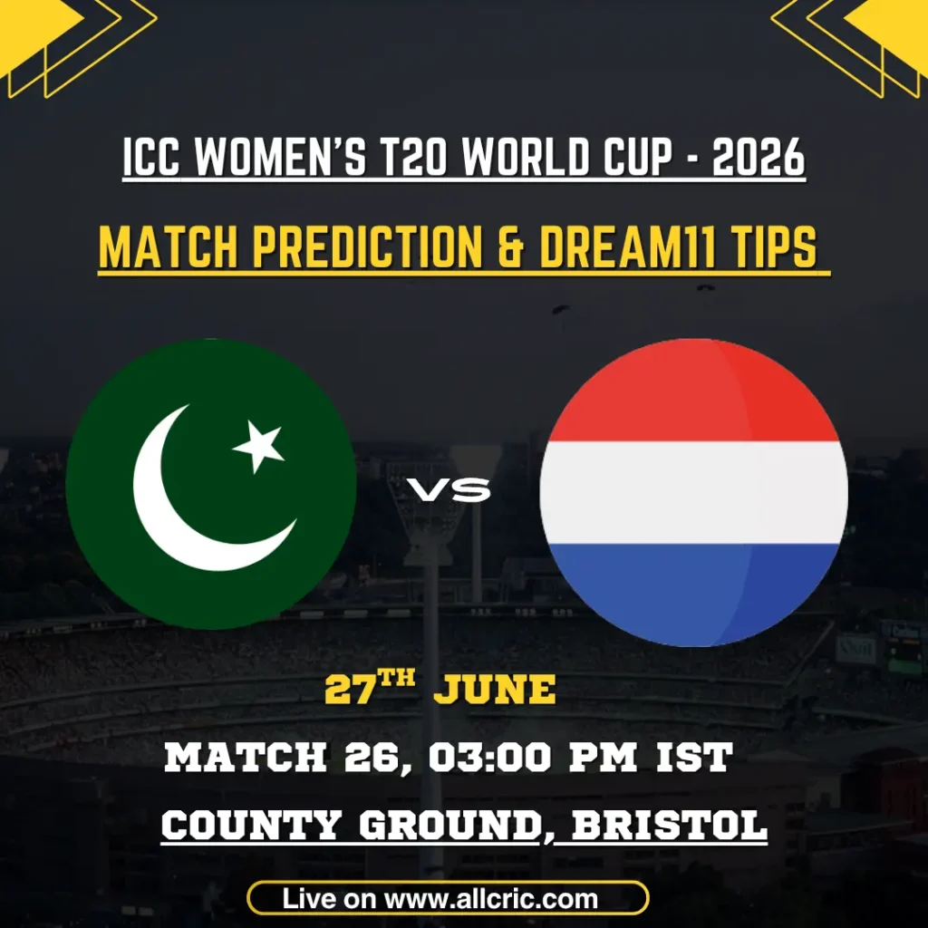 Pakistan Women vs Netherlands Women match prediction and Dream11 tips graphic for ICC Women’s T20 World Cup 2026, featuring key players Fatima Sana, Babette de Leede, Sadia Iqbal, and Caroline de Lange with pitch analysis, toss prediction, and fantasy team insights for Bristol County Ground.
