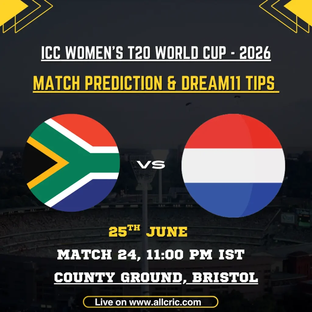 SA-W vs NED-W Dream11 prediction today match graphic for ICC Women’s T20 World Cup 2026 featuring South Africa Women vs Netherlands Women at County Ground, Bristol, with match prediction, fantasy team tips, and captain picks for Match 24.