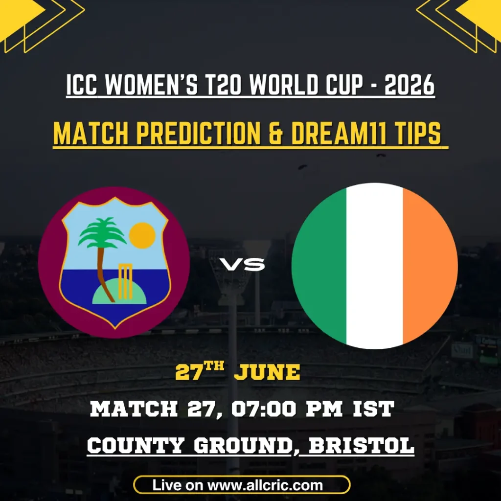West Indies Women vs Ireland Women match prediction and Dream11 tips graphic for ICC Women’s T20 World Cup 2026, featuring key players Hayley Matthews, Orla Prendergast, Shemaine Campbelle, and Gaby Lewis with pitch report, toss prediction, head-to-head stats, and fantasy team insights for Bristol County Ground.