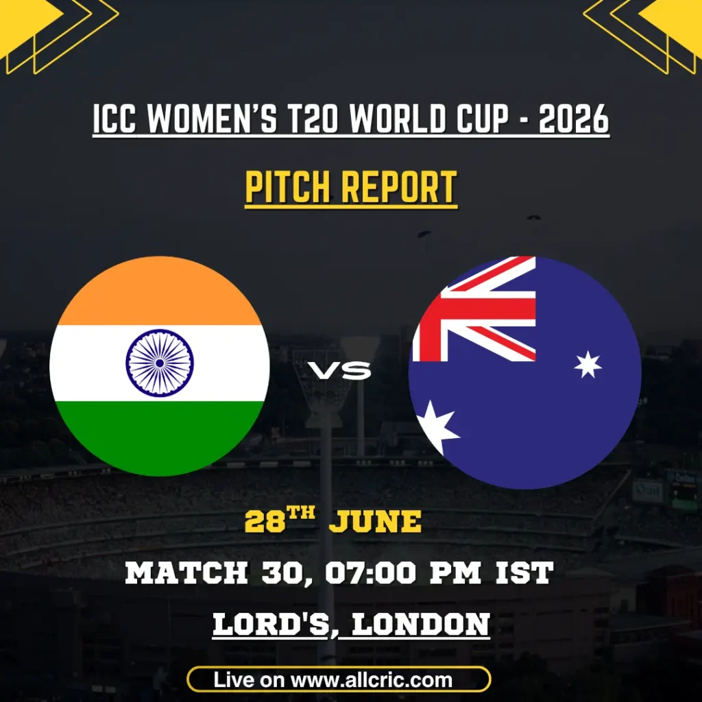 IND-W vs AUS-W pitch report today for the ICC Women’s T20 World Cup 2026 at Lord’s, London, covering the Lord’s pitch report today, batting or bowling conditions, toss prediction, expected score, and key insights for India Women vs Australia Women.