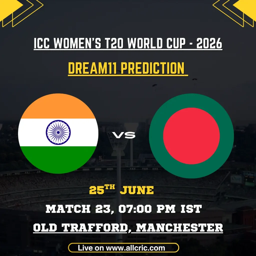 IND-W vs BAN-W Dream11 prediction today match graphic for ICC Women’s T20 World Cup 2026 featuring India Women vs Bangladesh Women at Old Trafford, Manchester, with Dream11 team prediction, fantasy tips, and captain picks for Match 23.