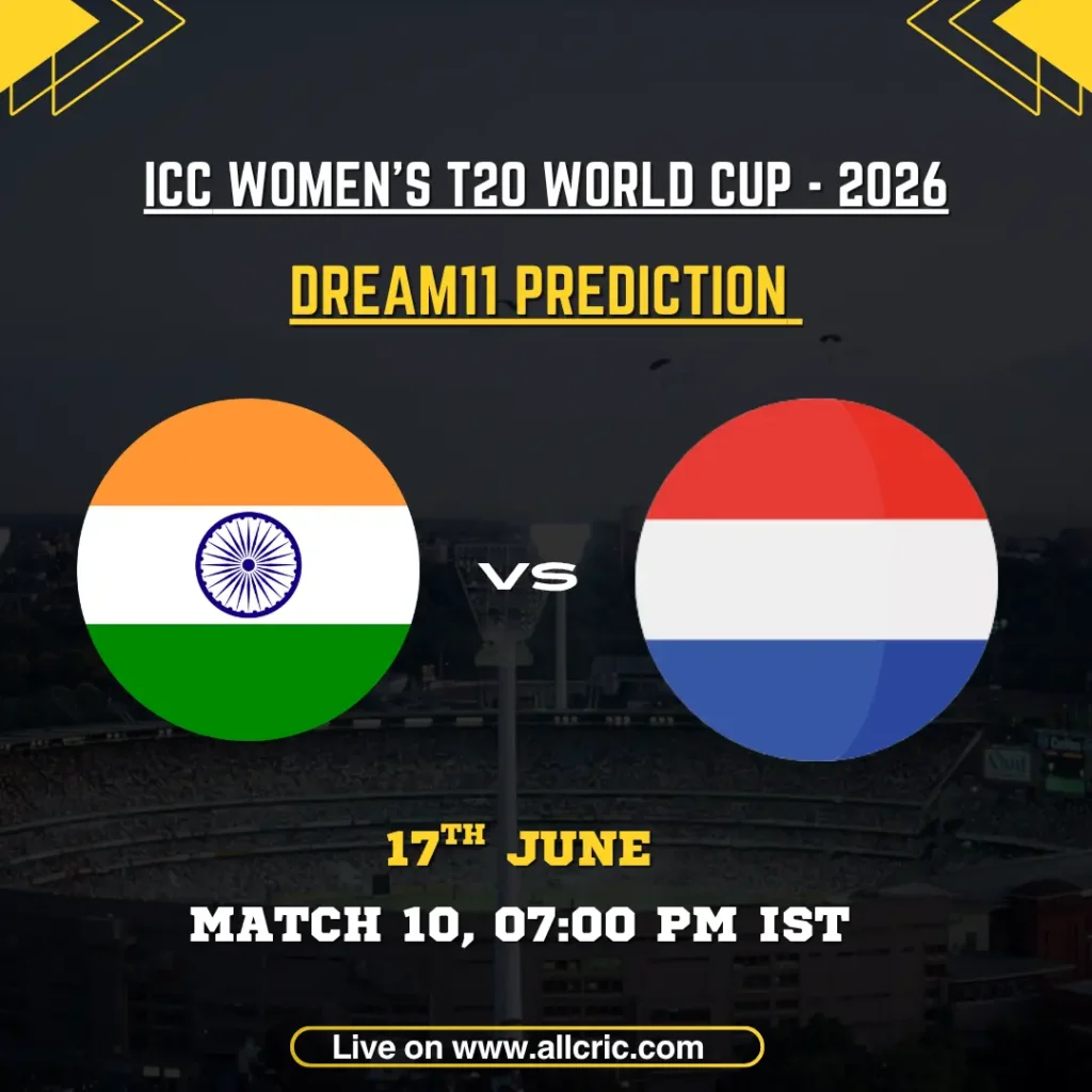 IND-W vs NED-W Dream11 Prediction Today Match graphic for ICC Women’s T20 World Cup 2026 featuring India Women vs Netherlands Women. Includes Dream11 team prediction, fantasy cricket tips, captain and vice-captain picks, match details, and fantasy insights for the Headingley, Leeds clash on 17 June 2026.