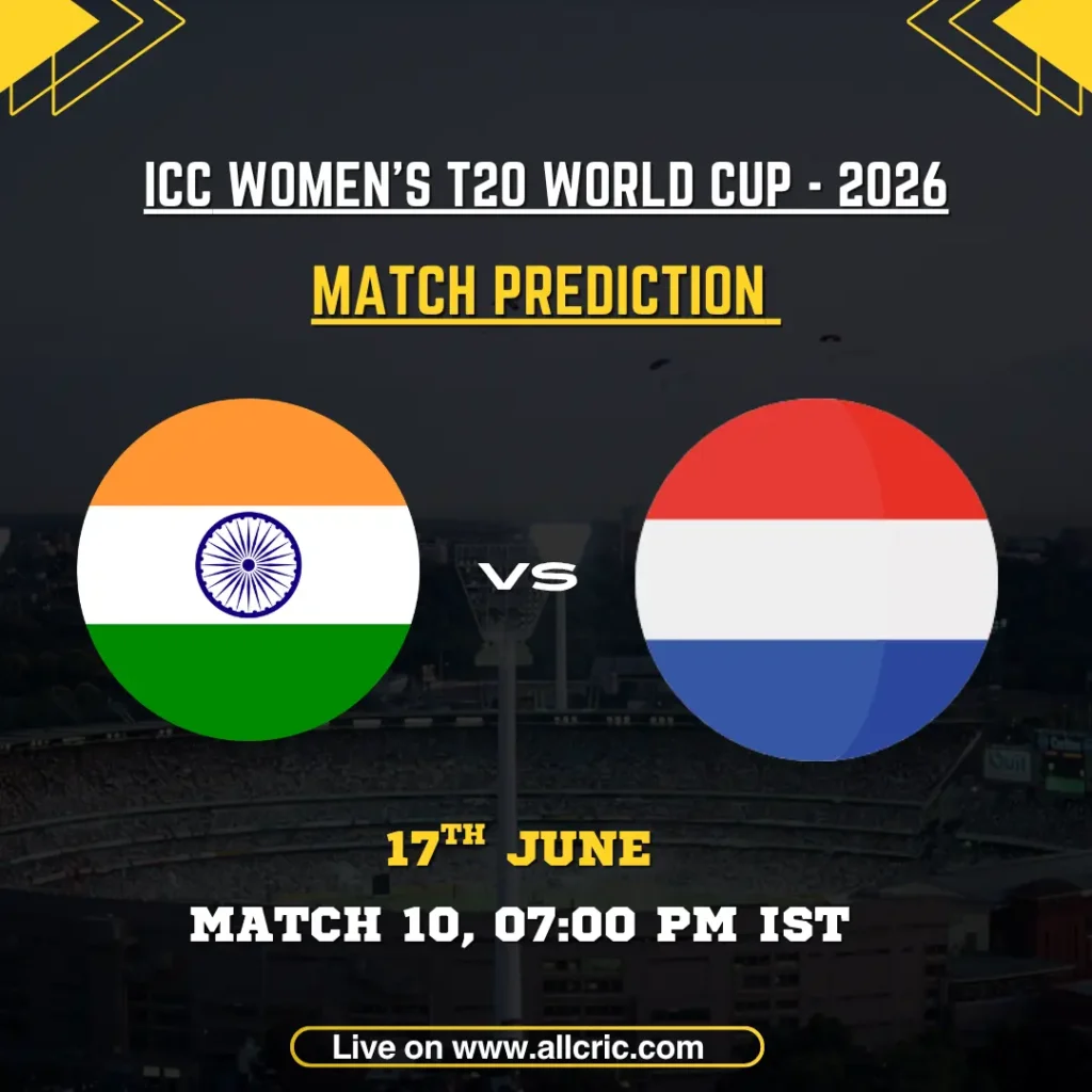 IND-W vs NL-W today match prediction graphic for ICC Women’s T20 World Cup 2026 Match 10 at Headingley, Leeds. Features India Women and Netherlands Women flags with match details, expert match prediction, win probability, key players including Smriti Mandhana, Harmanpreet Kaur, and Deepti Sharma, plus IND-W vs NL-W win prediction insights.