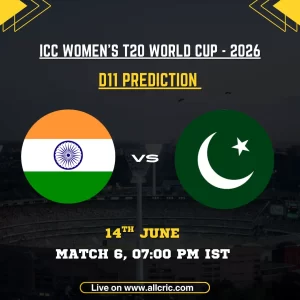 IND-W vs PAK-W Dream11 prediction today match graphic for ICC Women’s T20 World Cup 2026 featuring India Women vs Pakistan Women at Edgbaston, Birmingham. The image highlights Dream11 team prediction, fantasy cricket tips, captain and vice-captain picks, probable playing XIs, and key players for the blockbuster Group 1 clash.