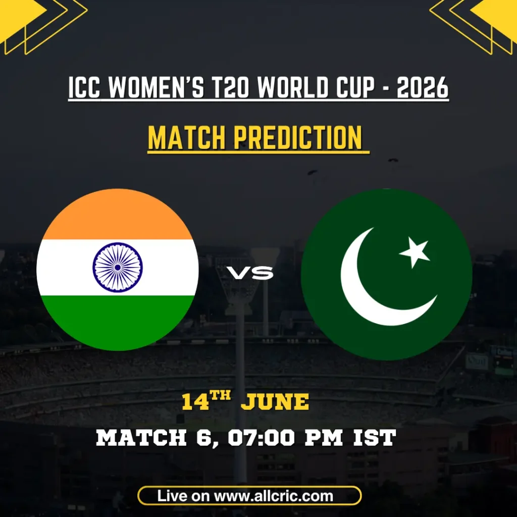 IND-W vs PAK-W today match prediction graphic for ICC Women’s T20 World Cup 2026 featuring India Women vs Pakistan Women at Edgbaston, Birmingham. The image highlights match prediction, winner prediction, team comparison, key players, and match details for the high-profile Group 1 clash.