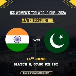 IND-W vs PAK-W today match prediction graphic for ICC Women’s T20 World Cup 2026 featuring India Women vs Pakistan Women at Edgbaston, Birmingham. The image highlights match prediction, winner prediction, team comparison, key players, and match details for the high-profile Group 1 clash.