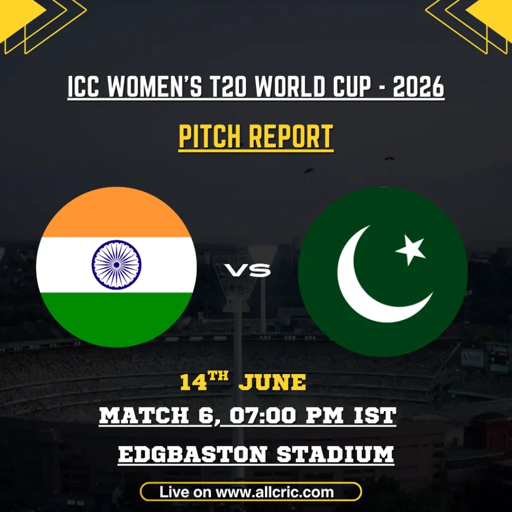 IND-W vs PAK-W pitch report today for ICC Women’s T20 World Cup 2026 at Edgbaston Stadium, Birmingham. The graphic highlights India Women vs Pakistan Women, featuring a balanced but seam-friendly pitch, WT20 venue stats, batting vs bowling conditions, expected score range, and key fantasy bowling insights.