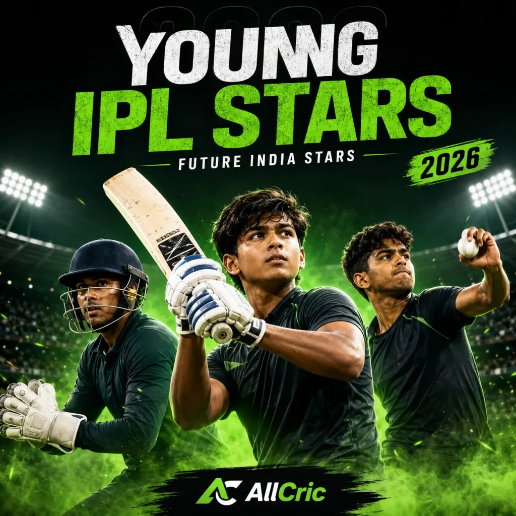 IPL 2026 young stars graphic featuring emerging Indian cricket talents, led by Rajasthan Royals sensation Vaibhav Sooryavanshi. The image highlights the future stars of Indian cricket after a breakthrough IPL season that showcased record-breaking batting, explosive performances, and rising domestic talent across multiple franchises.