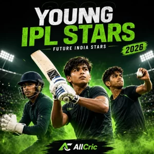 IPL 2026 young stars graphic featuring emerging Indian cricket talents, led by Rajasthan Royals sensation Vaibhav Sooryavanshi. The image highlights the future stars of Indian cricket after a breakthrough IPL season that showcased record-breaking batting, explosive performances, and rising domestic talent across multiple franchises.
