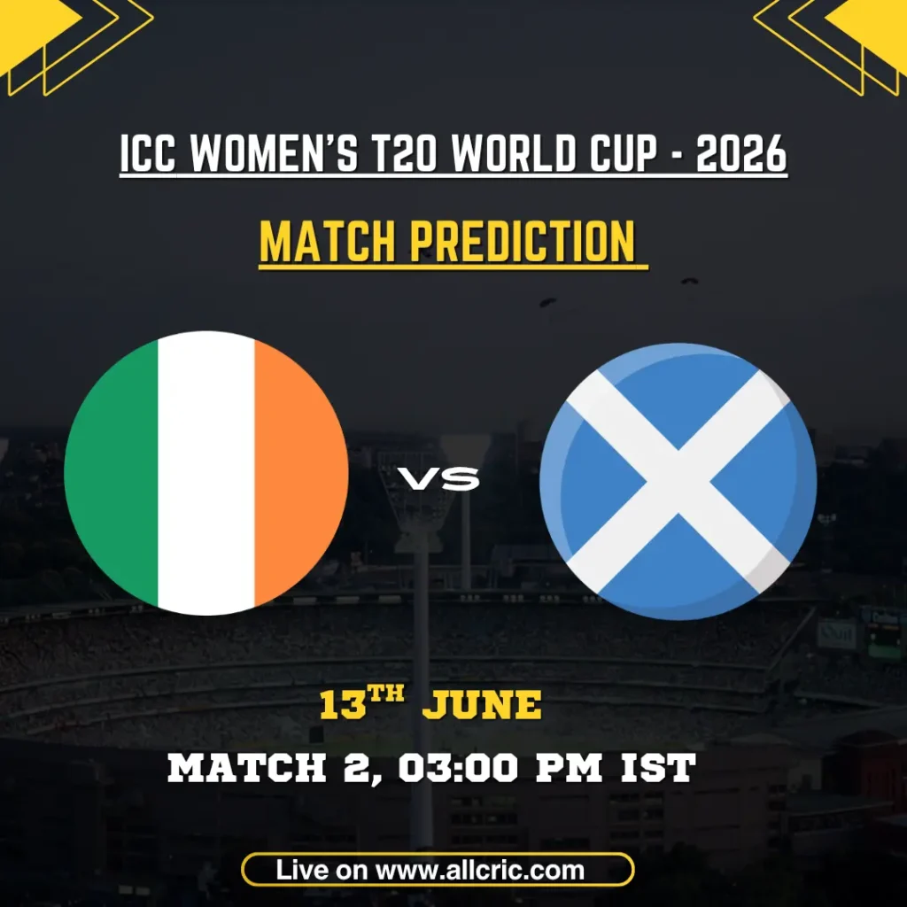 IRE-W vs SCO-W today match prediction graphic for the ICC Women’s T20 World Cup 2026 featuring Ireland Women and Scotland Women at Old Trafford, Manchester. The image highlights match prediction insights, head-to-head rivalry, and winner prediction for the Group 2 clash between the two Associate nations.