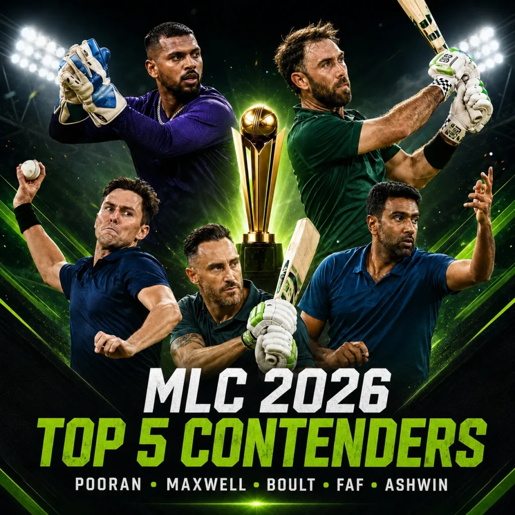 MLC 2026 Top 5 Contenders graphic featuring Nicholas Pooran, Glenn Maxwell, Trent Boult, Faf du Plessis, and Ravichandran Ashwin as leading candidates for the Major League Cricket 2026 Player of the Tournament award, with the championship trophy displayed at the center.