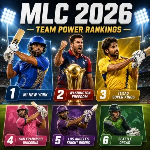 MLC 2026 team power rankings featuring MI New York, Washington Freedom, Texas Super Kings, San Francisco Unicorns, Los Angeles Knight Riders, and Seattle Orcas ranked from strongest to weakest ahead of the Major League Cricket 2026 season.