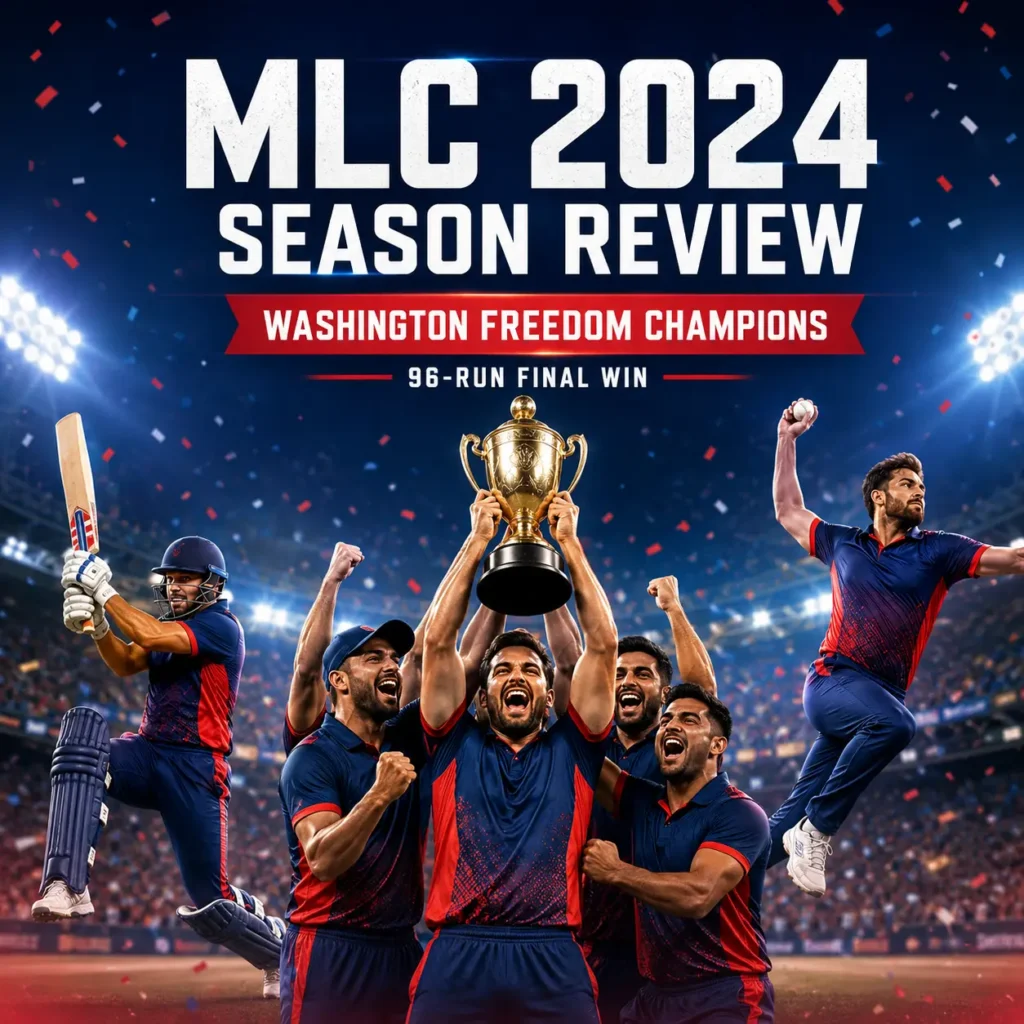 MLC 2024 season review graphic celebrating Washington Freedom’s championship-winning campaign after a 96-run victory in the final. The image features players lifting the trophy under confetti with the headline “MLC 2024 Season Review – Washington Freedom Champions.”