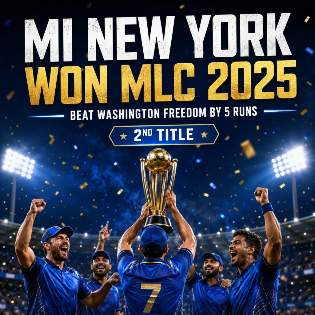 MI New York MLC 2025 champions celebration graphic showing players lifting the trophy after defeating Washington Freedom by five runs in the final. The image highlights MI New York’s second Major League Cricket title with gold confetti and stadium lights.