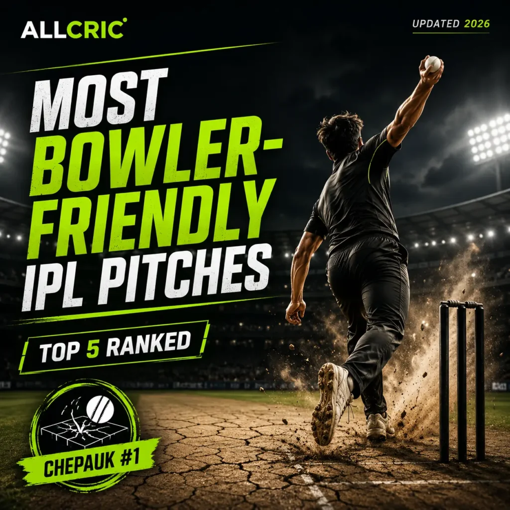 Most bowler-friendly IPL pitches ranked in 2026 featuring M. A. Chidambaram Stadium (Chepauk) as the No.1 bowling-friendly venue. The image highlights the top IPL grounds where spin, swing, seam movement, variable bounce, and challenging batting conditions help bowlers dominate T20 matches