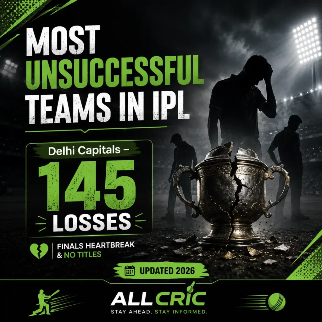 Graphic showing the most unsuccessful IPL teams by losses, featuring Delhi Capitals with 145 defeats and no IPL titles. The image highlights franchises with the highest loss counts in IPL history, including Punjab Kings, Sunrisers Hyderabad, Rajasthan Royals, and Royal Challengers Bengaluru before their championship breakthrough.