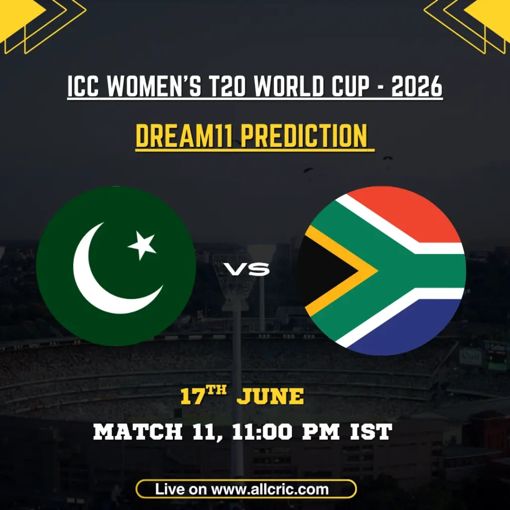 PAK-W vs SA-W Dream11 prediction today match graphic for ICC Women’s T20 World Cup 2026 Match 11 at Edgbaston, Birmingham. Pakistan Women and South Africa Women team logos displayed with match date and time. Fantasy cricket preview featuring Dream11 captain and vice-captain picks, probable playing XIs, and top performers including Laura Wolvaardt, Fatima Sana, Marizanne Kapp, and Nonkululeko Mlaba.