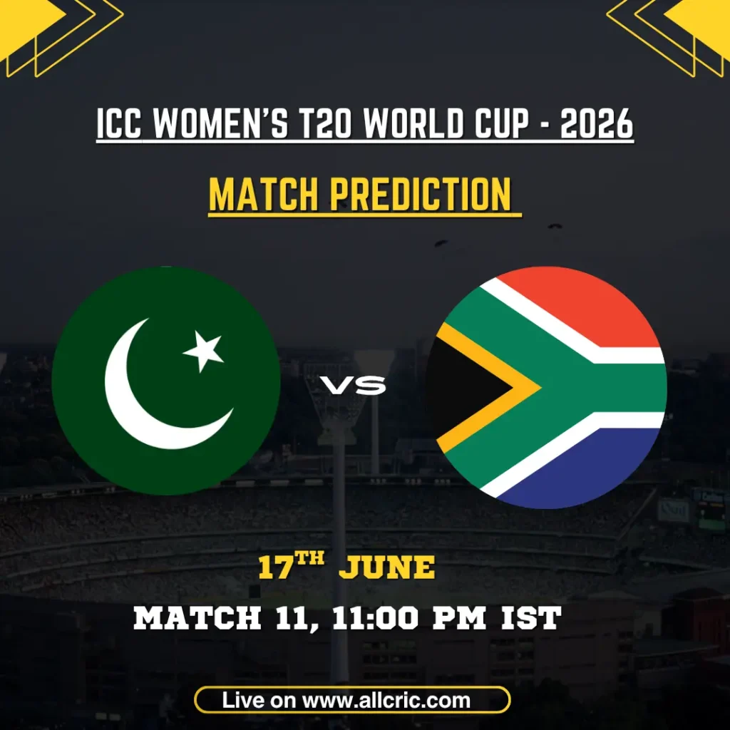 PAK-W vs SA-W today match prediction graphic for ICC Women’s T20 World Cup 2026 Match 11 at Edgbaston, Birmingham. Pakistan Women and South Africa Women team logos displayed with match date, time, and prediction analysis highlighting South Africa as favorites led by Laura Wolvaardt, while Fatima Sana remains Pakistan’s key match-winner.