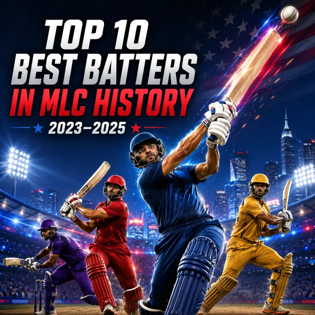 Top 10 best batters in Major League Cricket history (2023–2025) featuring dynamic batting artwork with multiple players in a stadium and a USA backdrop. The graphic highlights MLC’s greatest run-scorers, including Nicholas Pooran, Faf du Plessis, Monank Patel, Devon Conway, and other standout performers.
