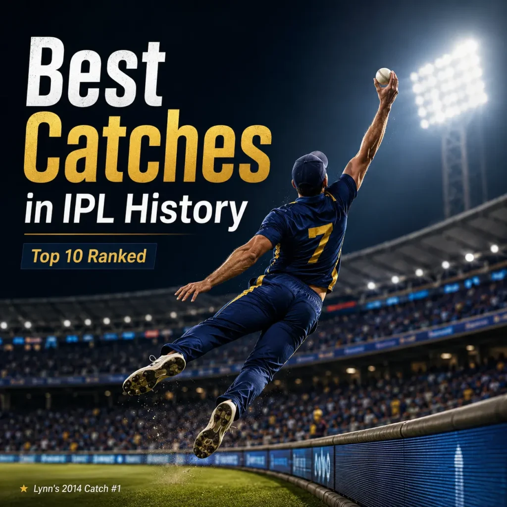 A dramatic IPL fielding graphic showing a cricketer in a blue jersey leaping near the boundary to complete a one-handed catch under floodlights. The image is titled “Best Catches in IPL History – Top 10 Ranked” and highlights Chris Lynn’s iconic 2014 catch against AB de Villiers as the No. 1 entry.