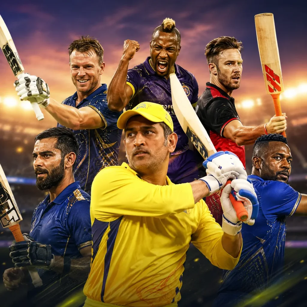 Collage of famous cricketers celebrating in a stadium, representing the best celebrations in cricket history, including iconic moments like Ganguly’s shirt wave, Bravo’s Champion dance, Jadeja’s sword celebration, and Cottrell’s salute.